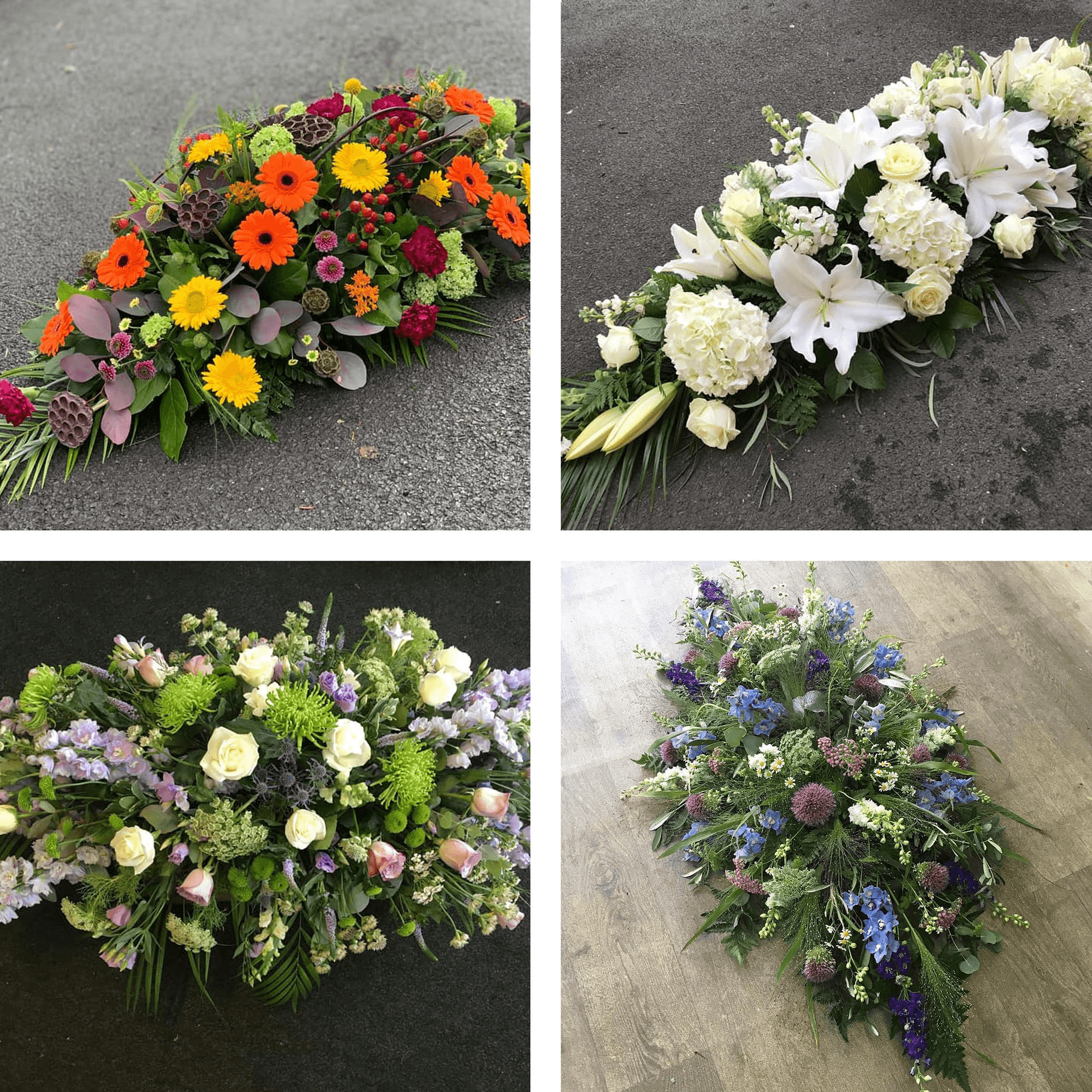 Casket spray tribute made with the finest flowers — Funeral hand-tied bouquet