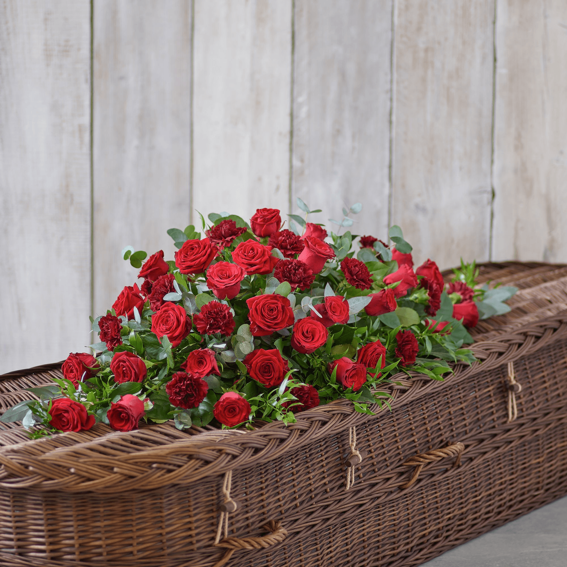 Rose and Carnation Casket Spray - Red — Funeral hand-tied bouquet