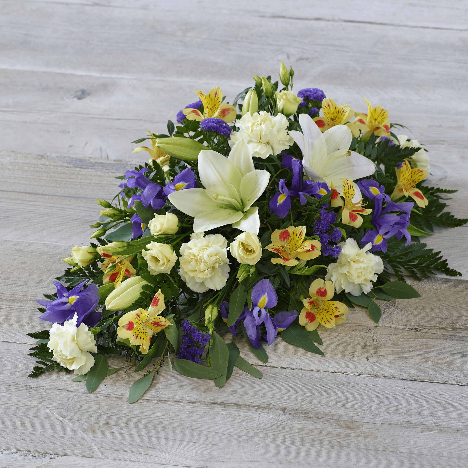 Lemon and Blue Spray — Funeral hand-tied bouquet