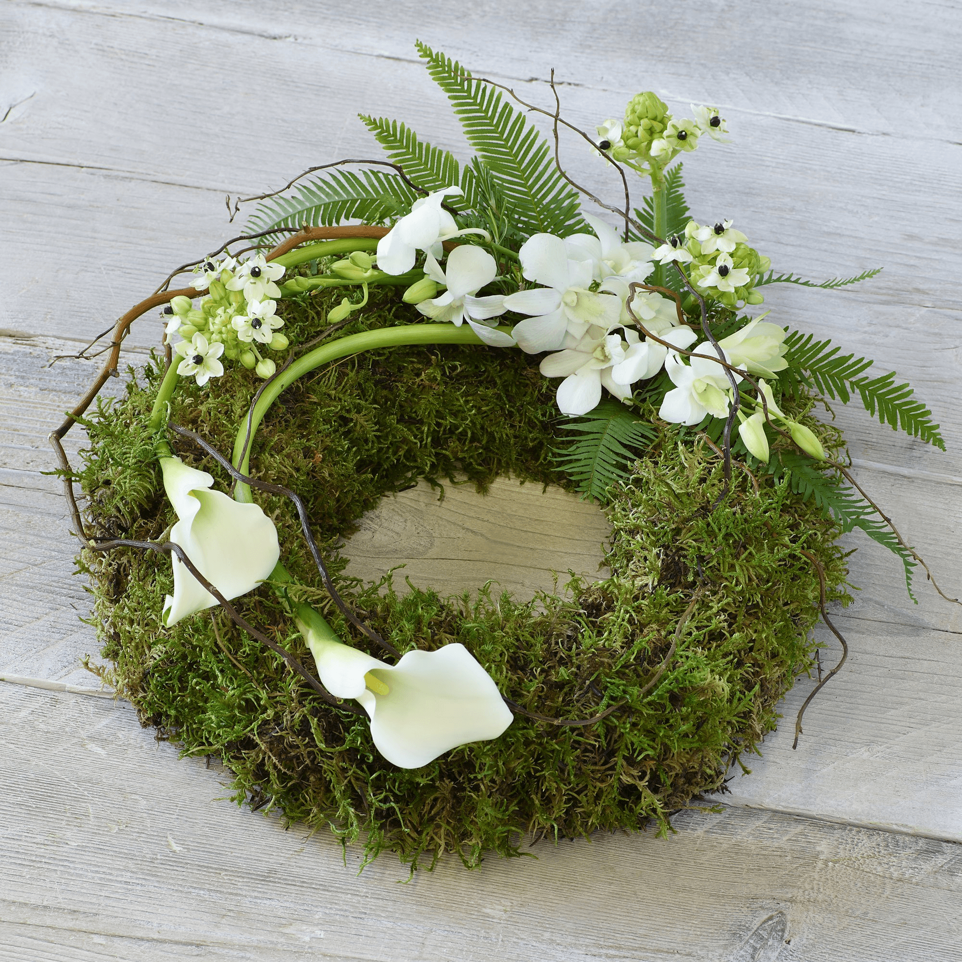 Eco-friendly White Calla Wreath — Funeral hand-tied bouquet
