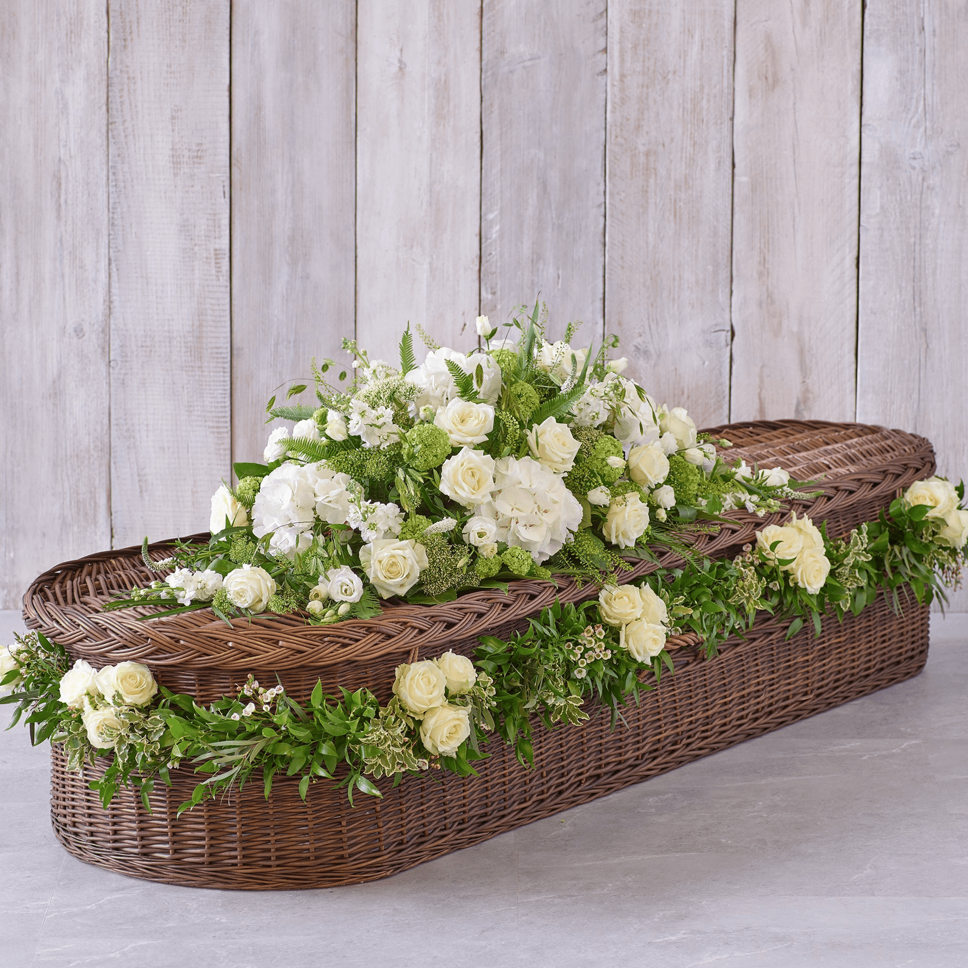 Large White Casket Spray with Rose Garland — Funeral hand-tied bouquet
