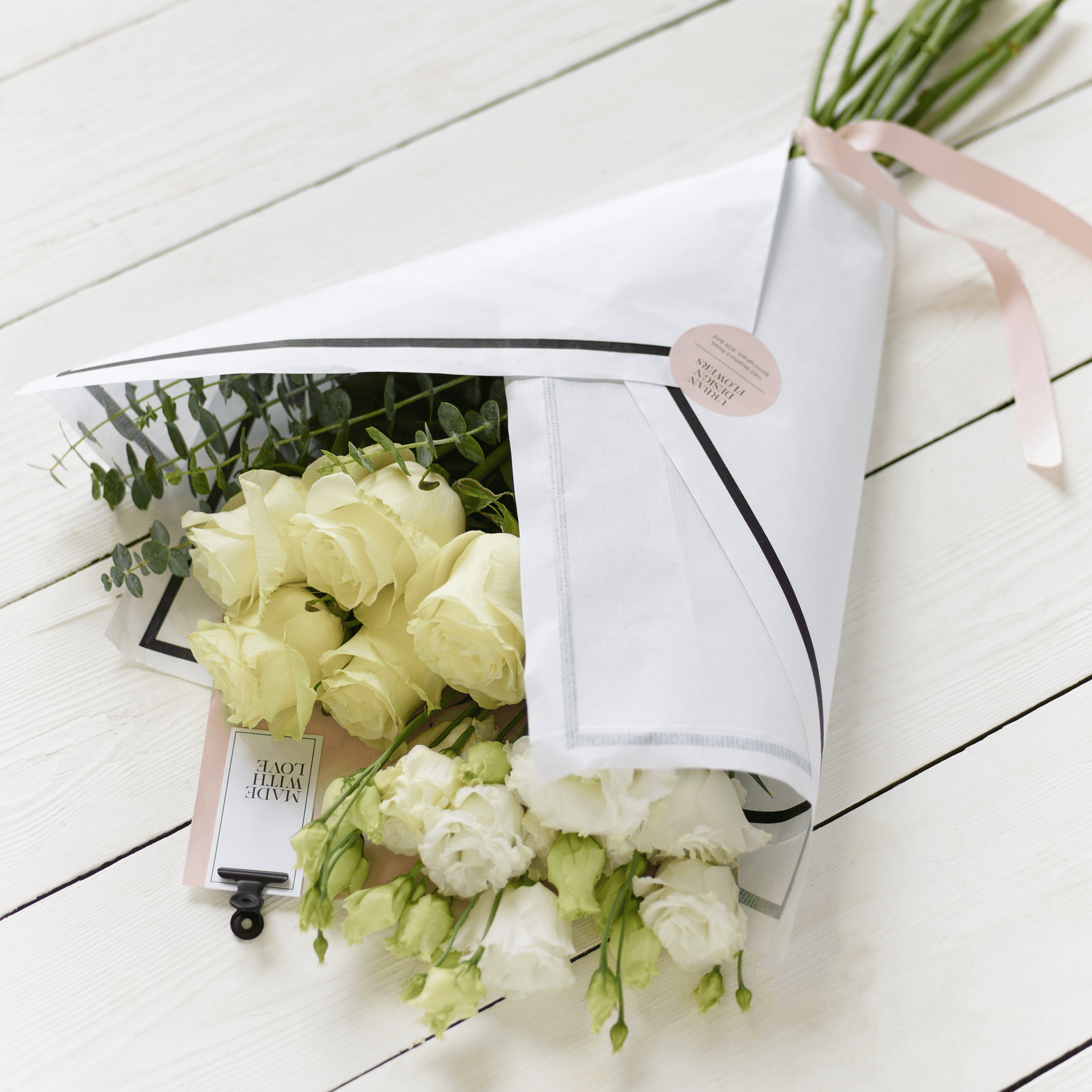 Beautifully Simple White Flower Wrap — Beautifully simple hand-tied bouquet
