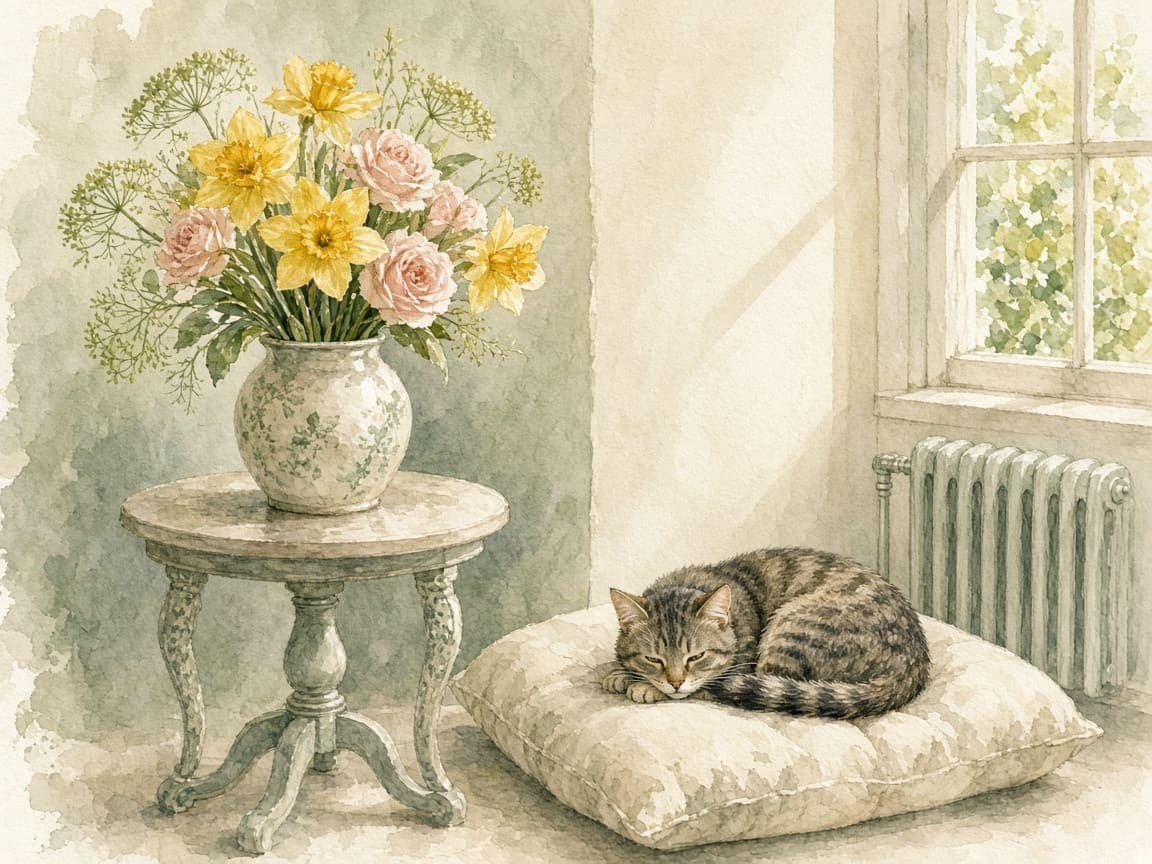 Watercolour of a vase of daffodils and roses on a side table in a cool corner, away from the window and radiator, with a sleeping cat on a cushion nearby