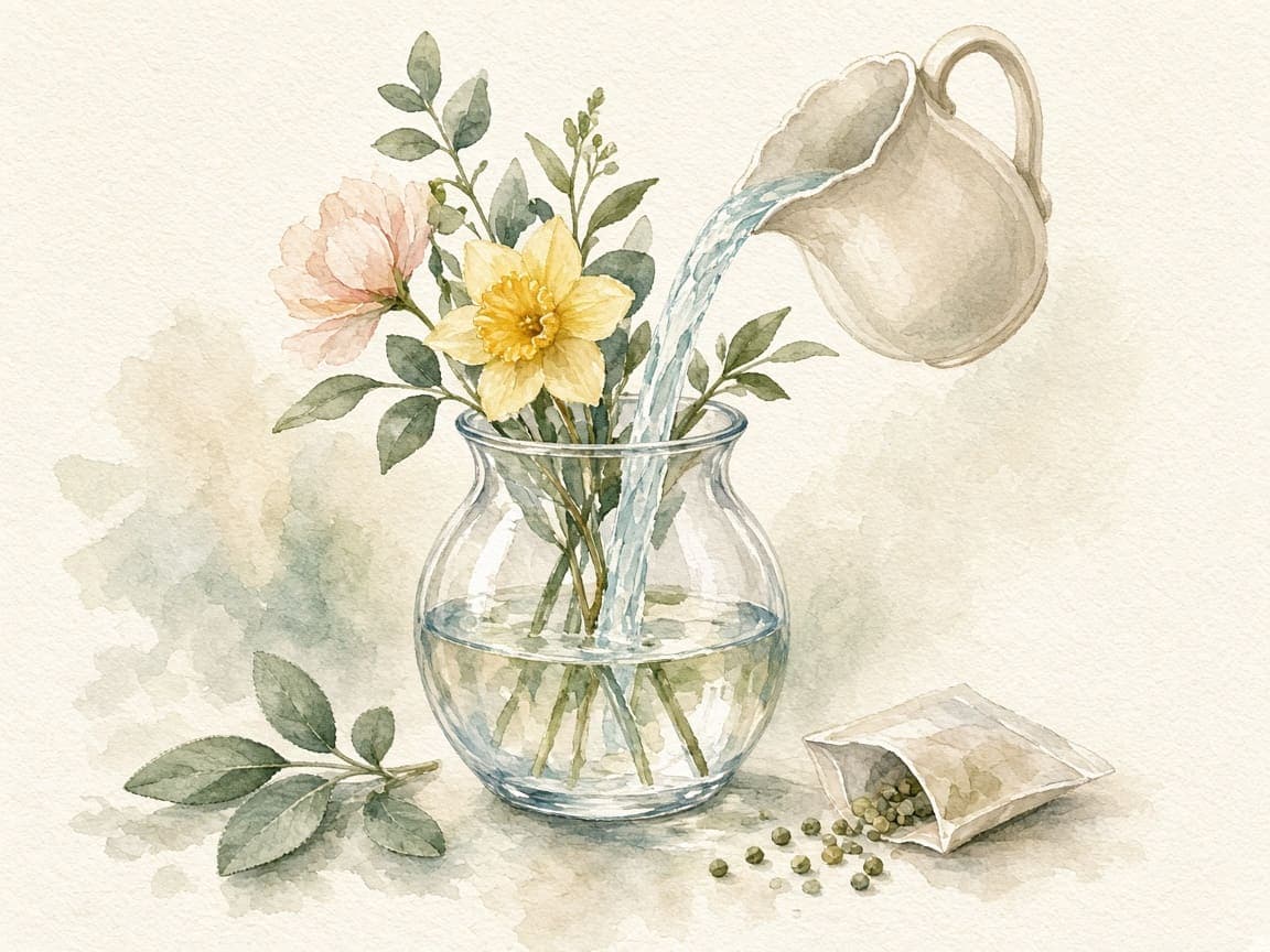 Watercolour of a glass vase being filled with fresh water beside a sachet of flower food