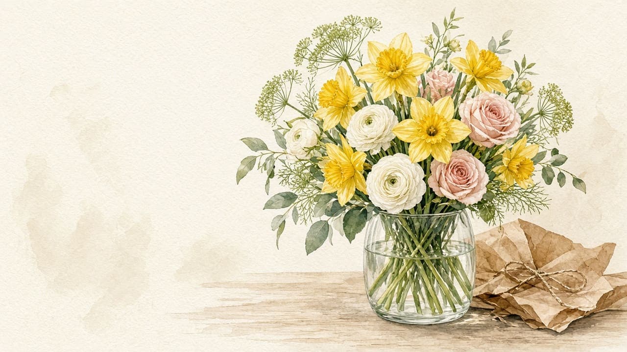 Watercolour of a Daff & Dill Florist hand-tied bouquet of daffodils, roses and dill in a glass vase