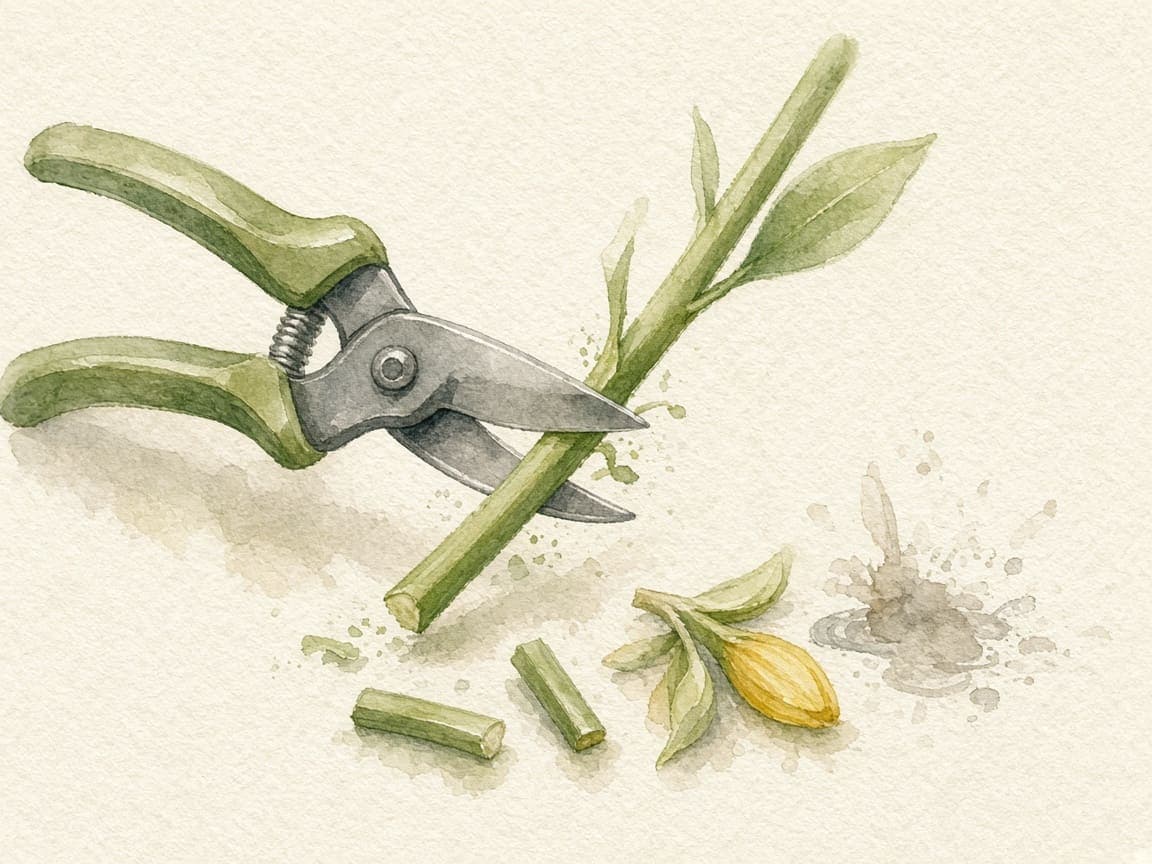 Watercolour of secateurs cutting a flower stem at an angle, with trimmed stems and leaves beside it