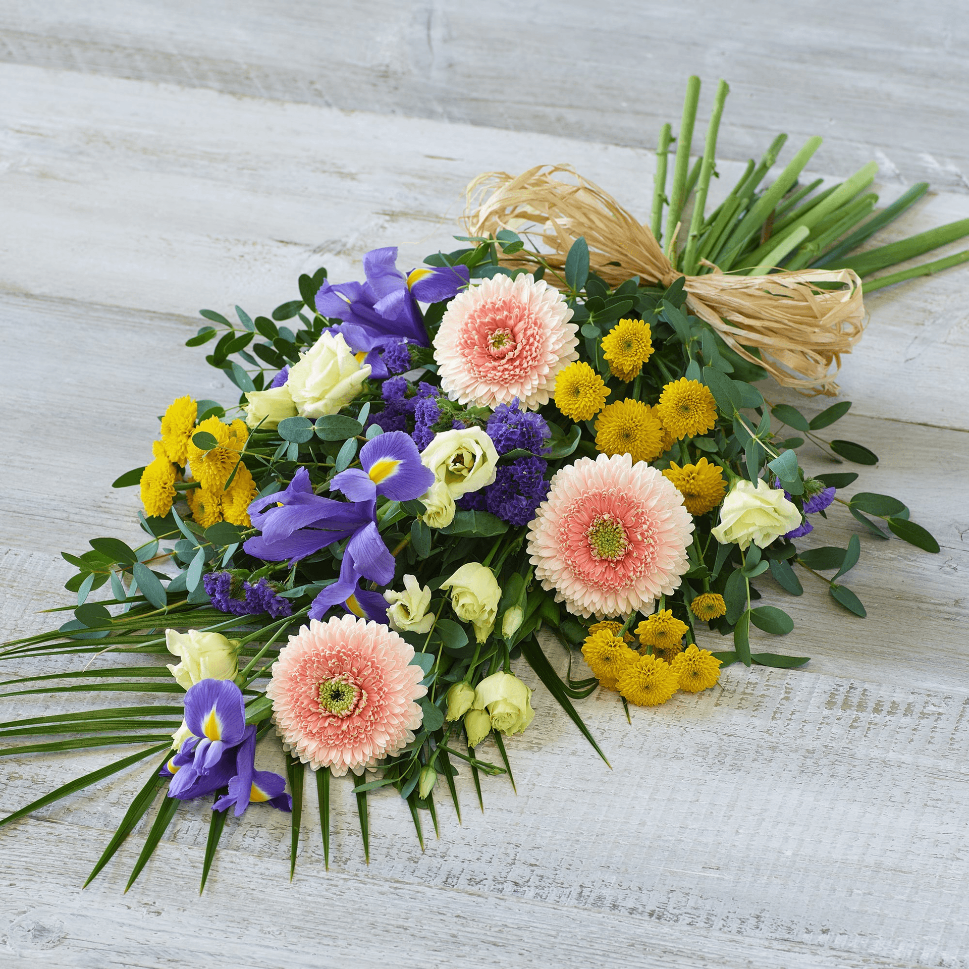 Lemon and Blue Sheaf — Funeral hand-tied bouquet
