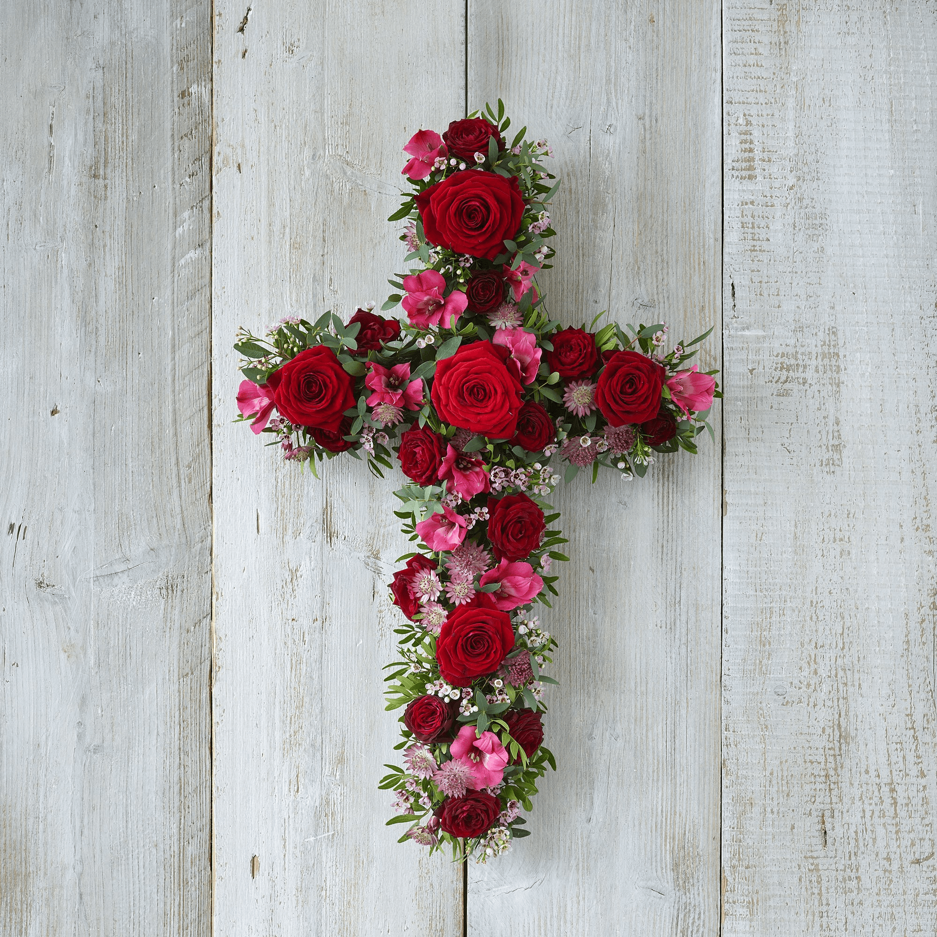 Red and Pink Cross — Funeral hand-tied bouquet