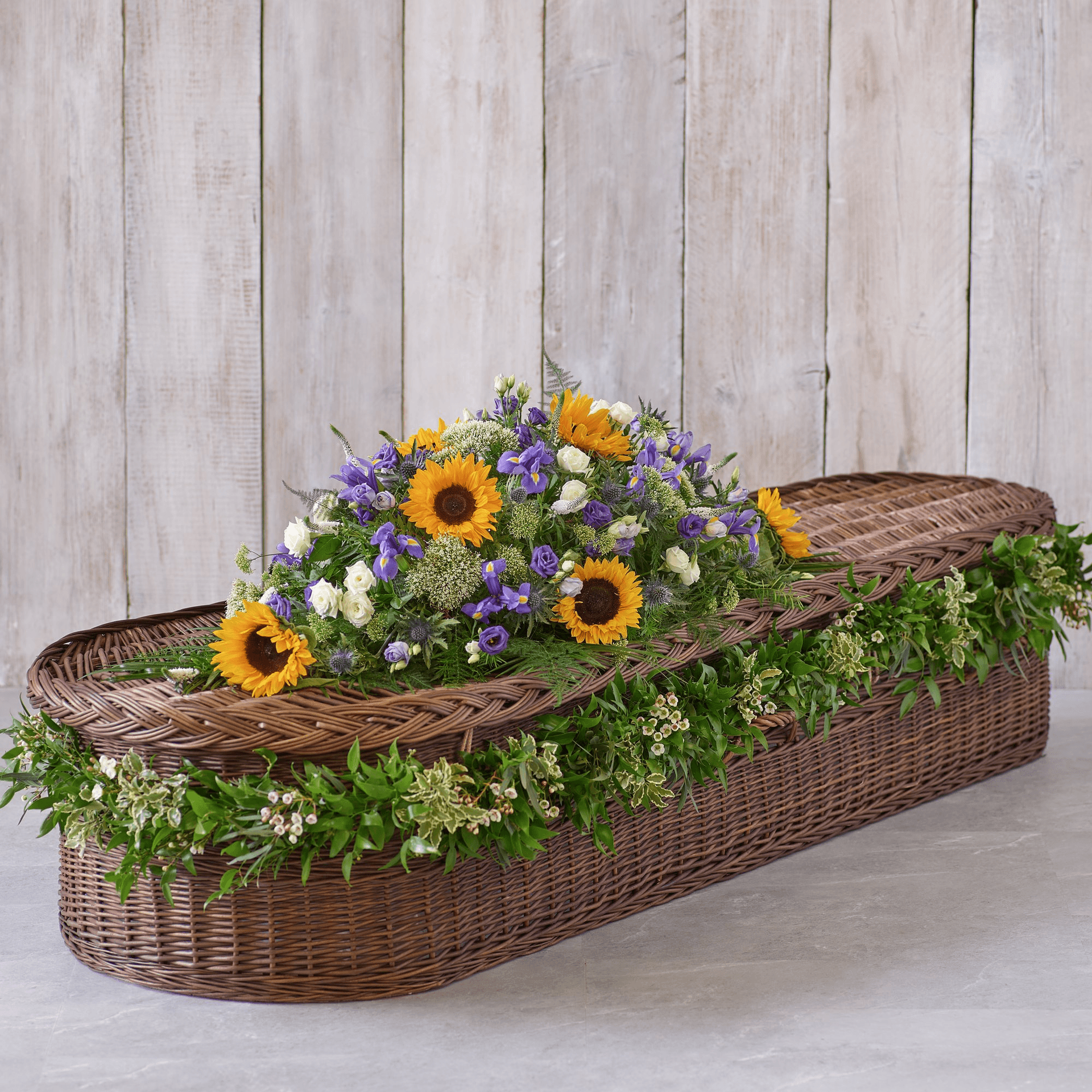 Sunflower Mix Casket Spray with Garland — Funeral hand-tied bouquet